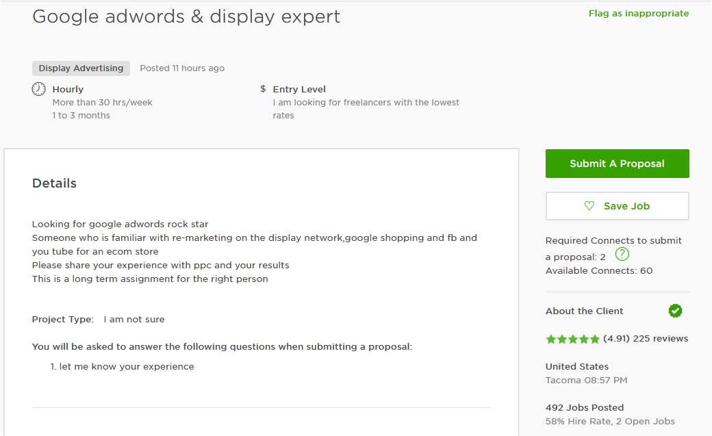 Upwork Cover Letter Sample for AdWords, Analytics and Search Console