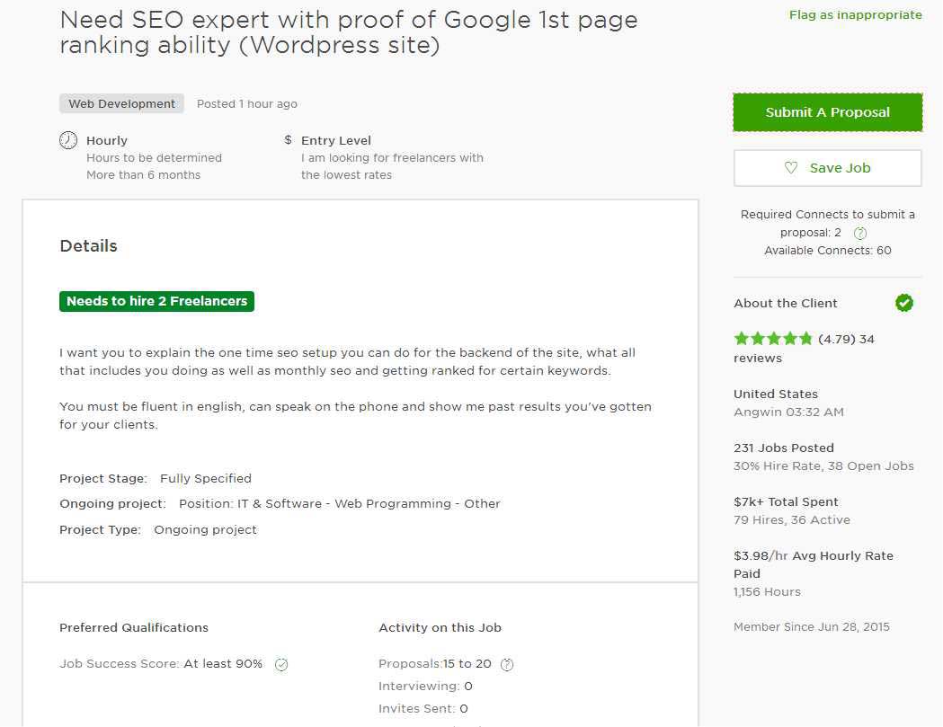 Upwork  Cover Letter Sample for SEO (Search Engine Optimization)