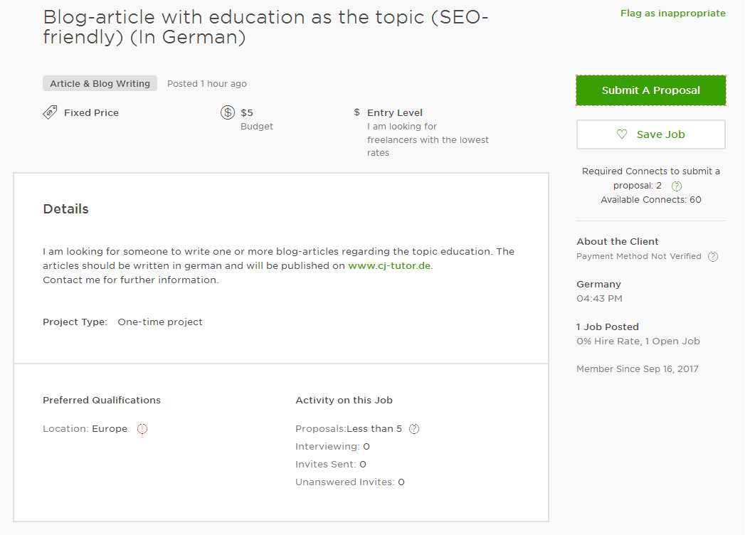Upwork Cover Letter Sample for Article/Blog/Content Writing