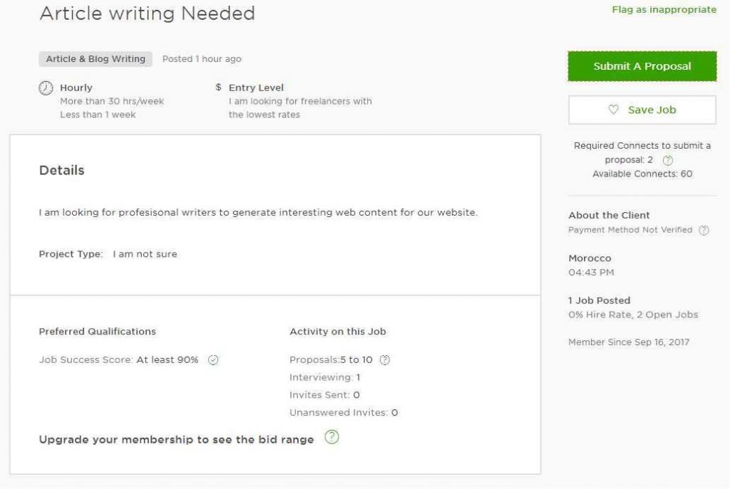 Upwork Proposal Cover Letter for Article Writing