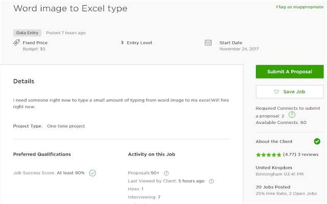 Upwork Cover Letter Sample for MS Excel Spreadsheet