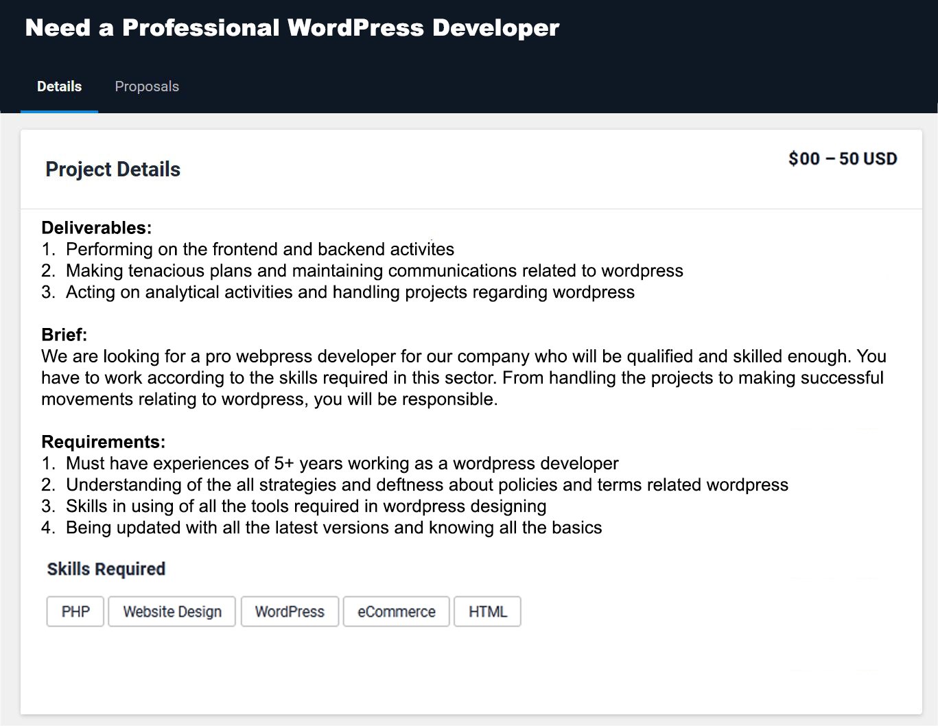Freelancer Proposal Sample for WordPress Developer