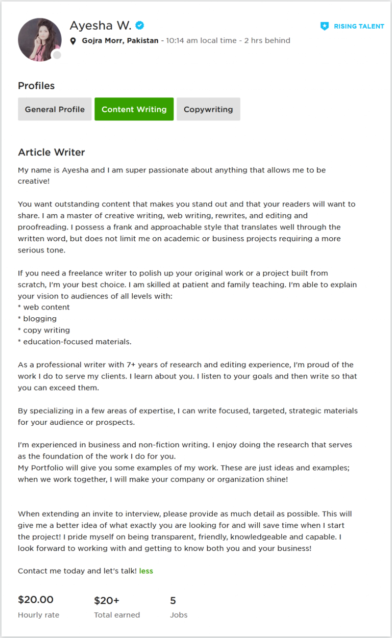 Upwork Profile Overview for Article Writer