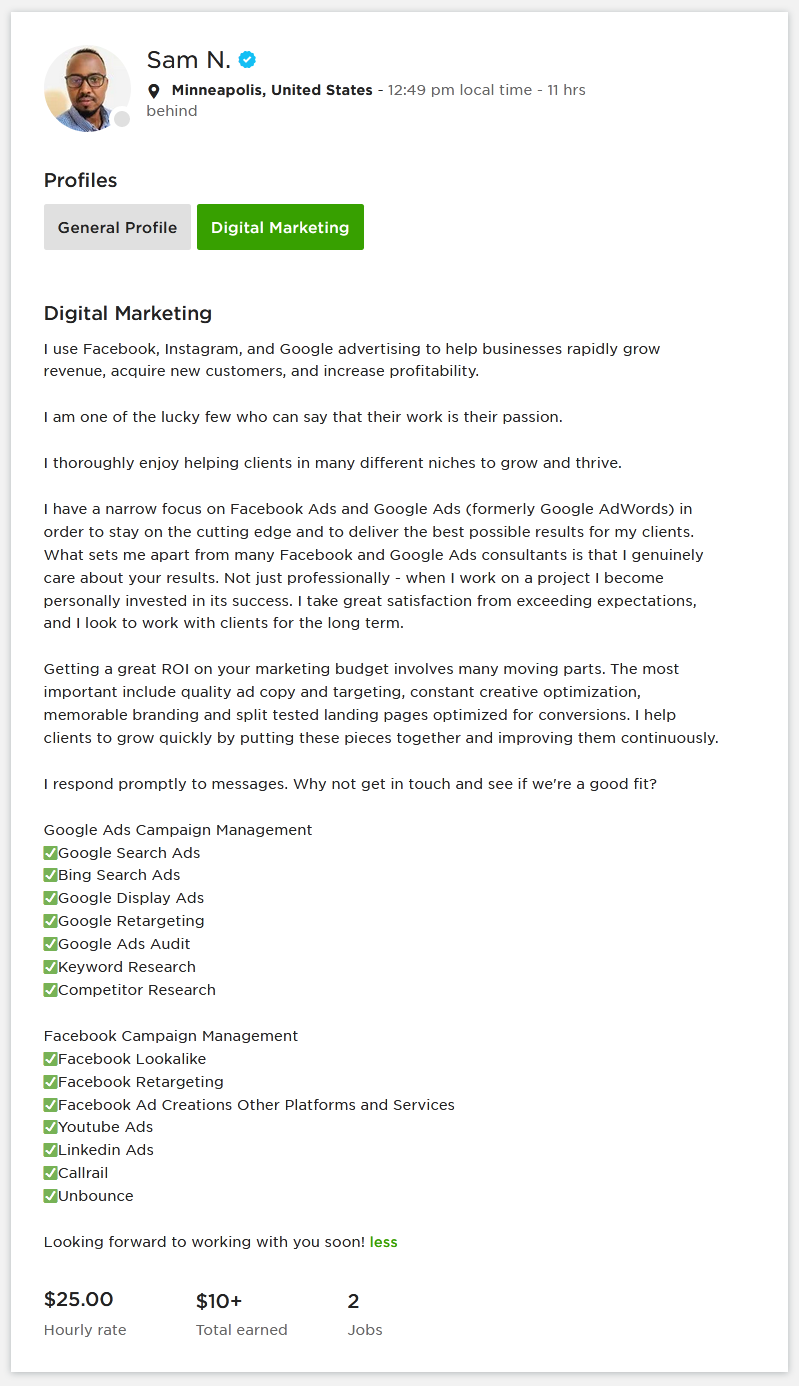 Upwork Profile Overview Sample for Digital Marketing