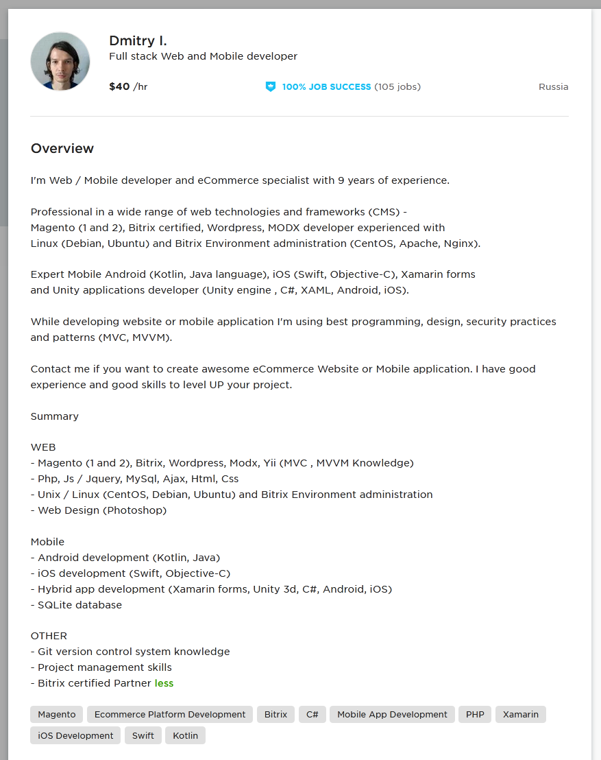 Upwork Profile Overview Sample for Mobile App Developer