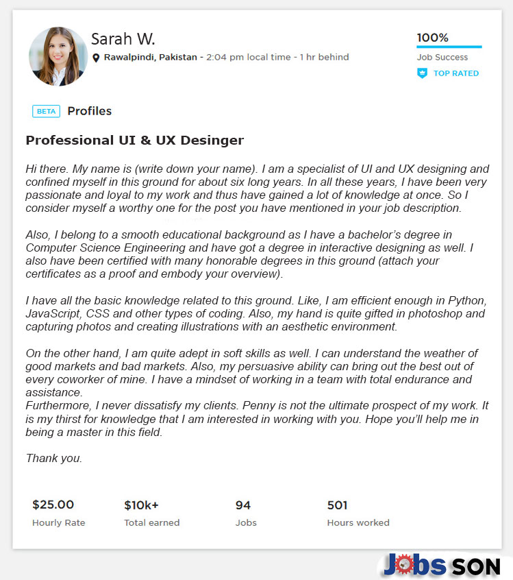 Upwork Profile Overview Sample For Ui Ux Designer