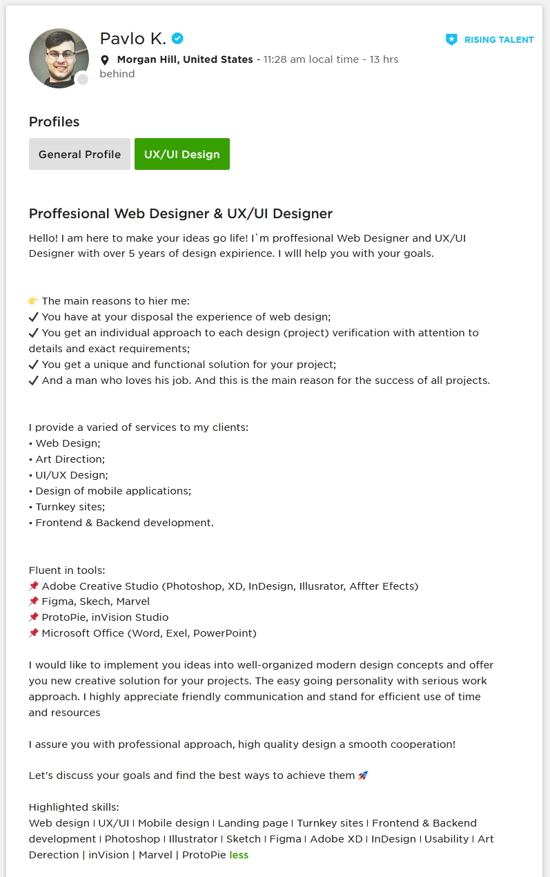 Upwork Profile Overview Sample for UI & UX Designer