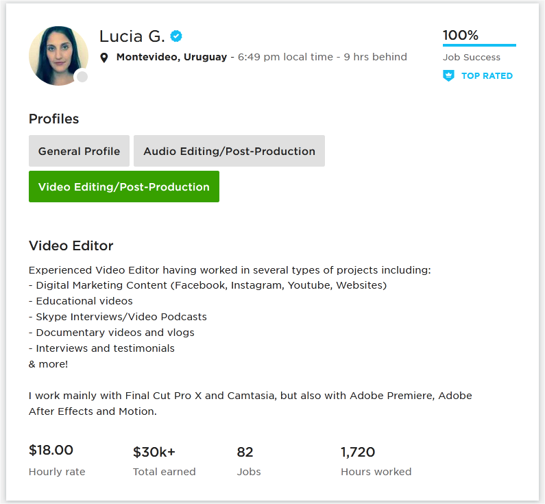 Upwork Profile Overview Sample for Video Editor