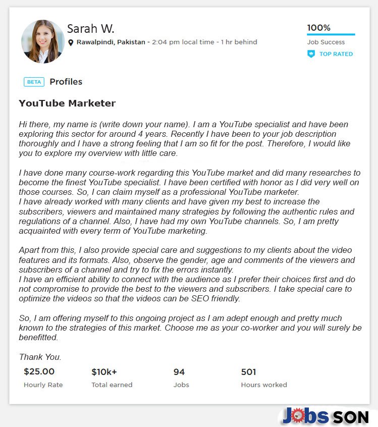 Upwork Profile Overview Sample for YouTube Marketing