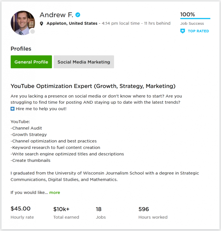 Upwork Profile Overview Sample for YouTube Marketing