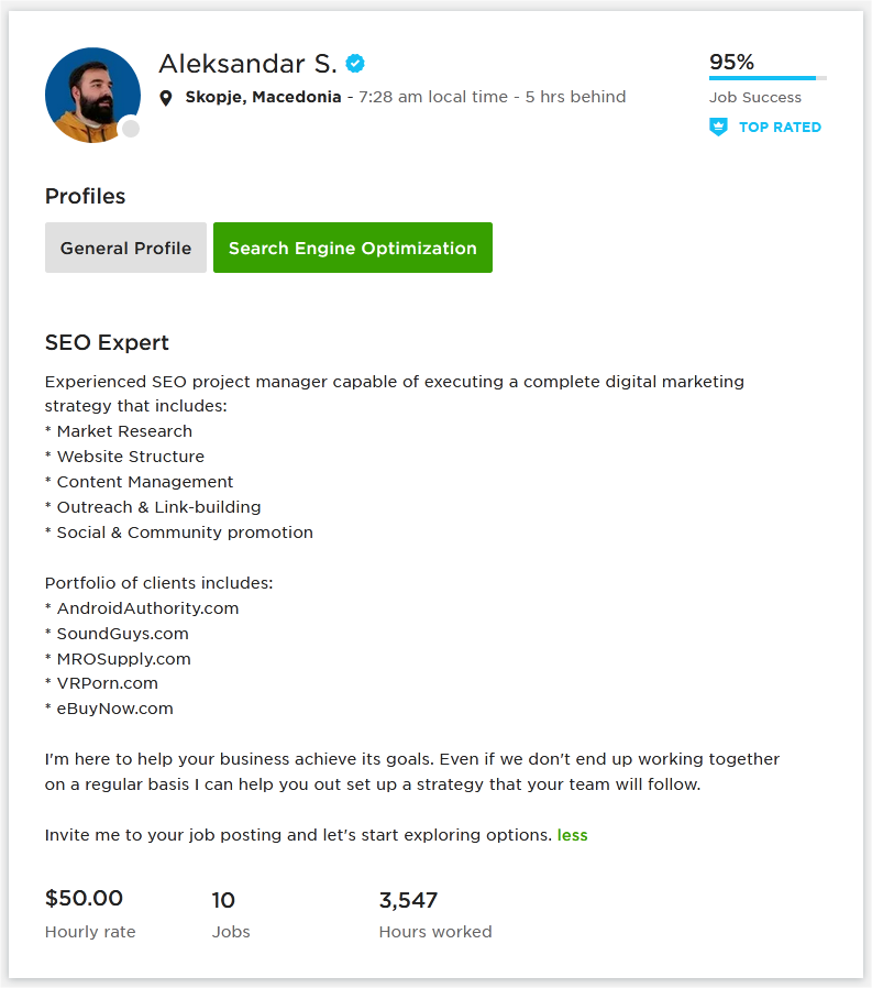 Upwork Profile Overview Sample for SEO Expert