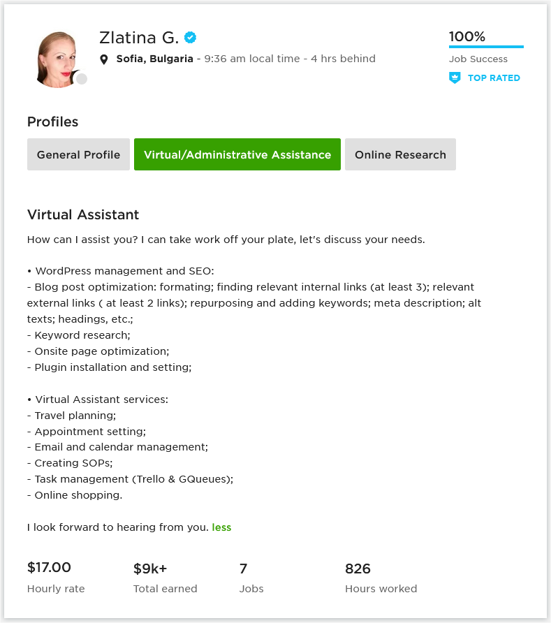 Upwork Profile Overview Sample for Virtual Assistant