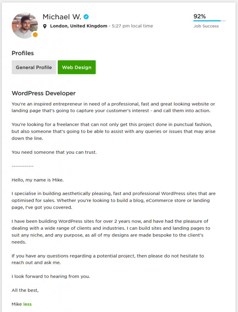 Upwork Profile Overview Sample for WordPress Developer